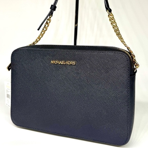 Michael Kors Jet Set Large Signature Logo Crossbody Bag Black/Gold - Picture 1 of 8